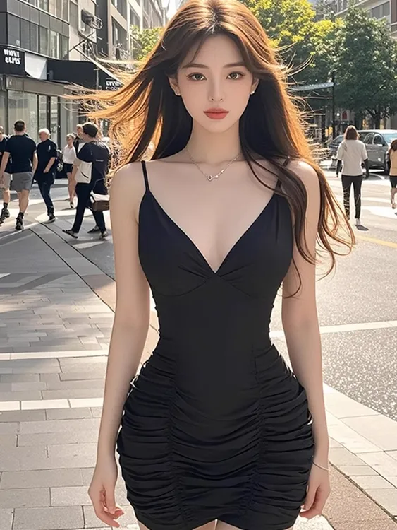 【KEKE】黑色辣妹深V吊带连衣裙法式气质名媛轻奢收腰显身材包臀裙