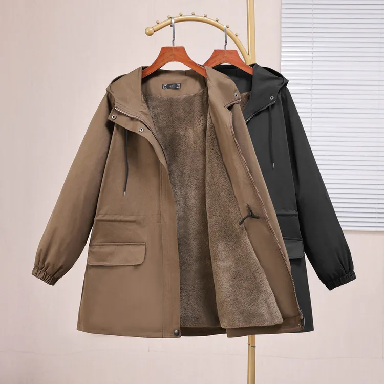 25084T加绒连帽外套女胖mm大码女装加厚冬季新款洋气显瘦保暖上衣