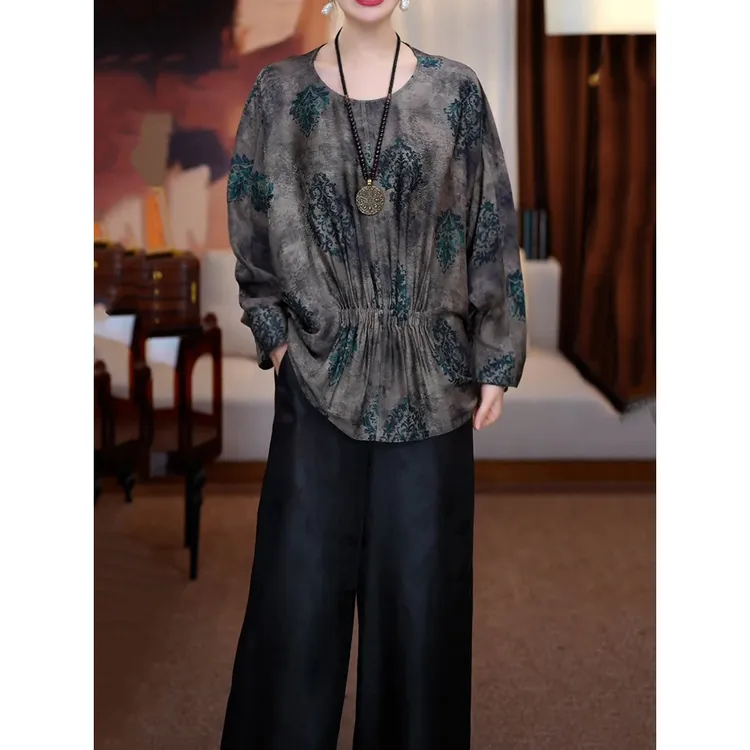 时尚洋气高级感裤套装女2025秋季新款好看印花长袖百搭衬衫+裤子