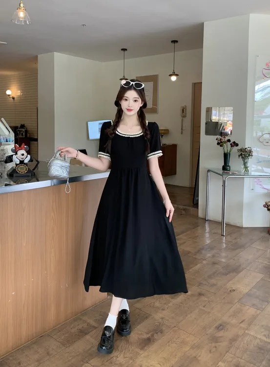 大码夏季新款胖mm法式气质花边a字小黑裙高级感赫本连衣裙64229