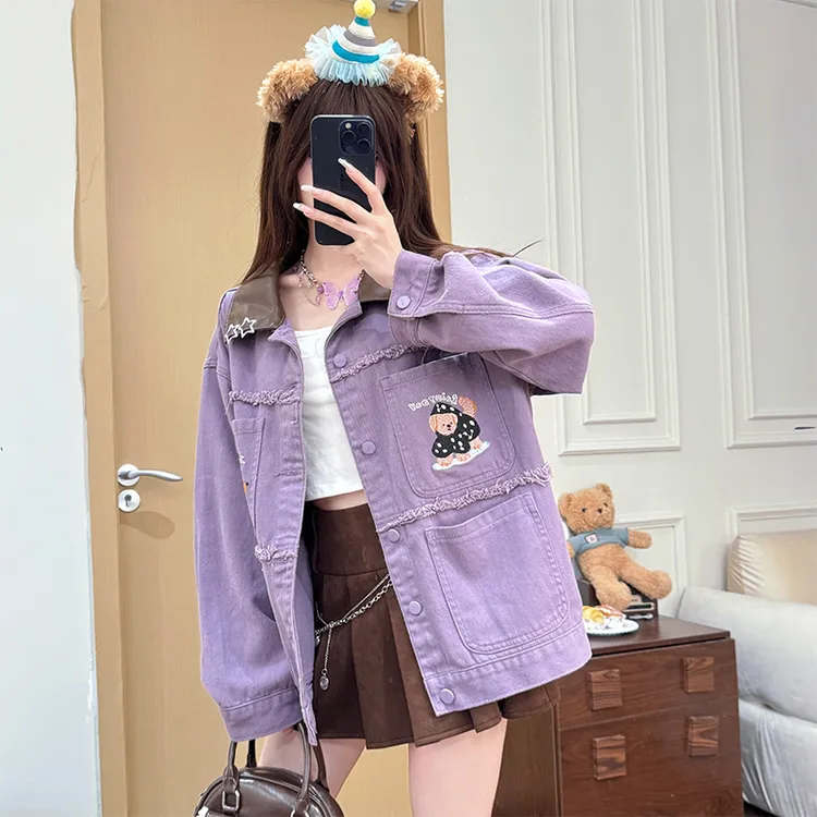 芋棕紫酥 织物猪原创 休闲风翻领紫色外套女秋宽松多口袋牛仔短裙