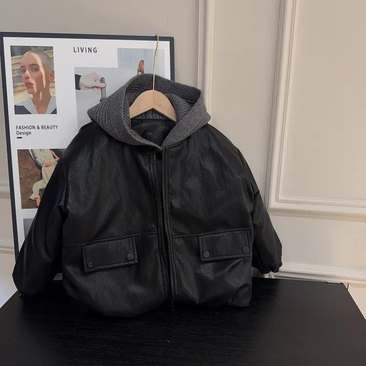 【两个小盆友】男女童棉服冬季韩版休闲夹克皮衣加绒加厚外套886996