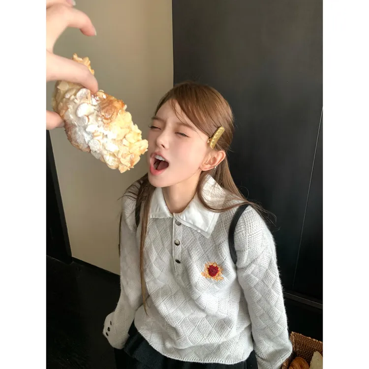 区区欧阳"拉夫模范生"重磅VTG菱形格羊毛POLO假两件宽松刺绣毛衣