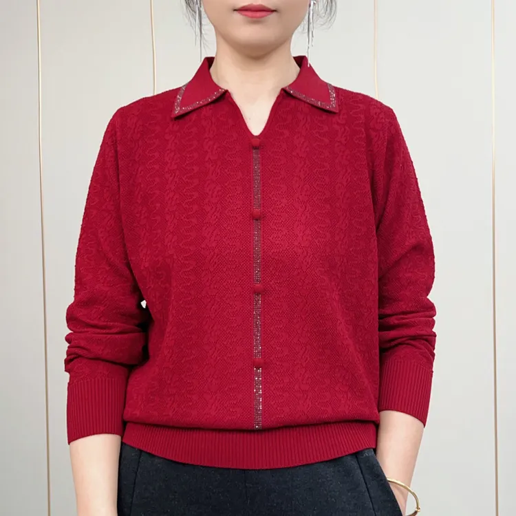 妈妈装秋冬新款2025翻领针织衫女套头时尚气质镶钻打底洋气上衣