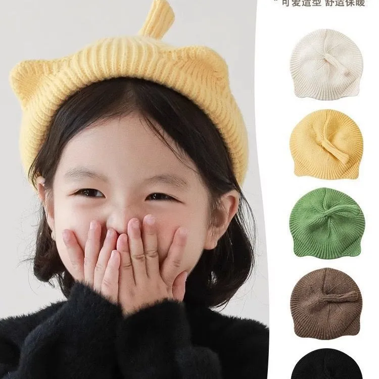 儿童贝雷帽秋冬季韩版宝宝婴幼儿卡通猫耳朵尾巴针织毛线帽子女童