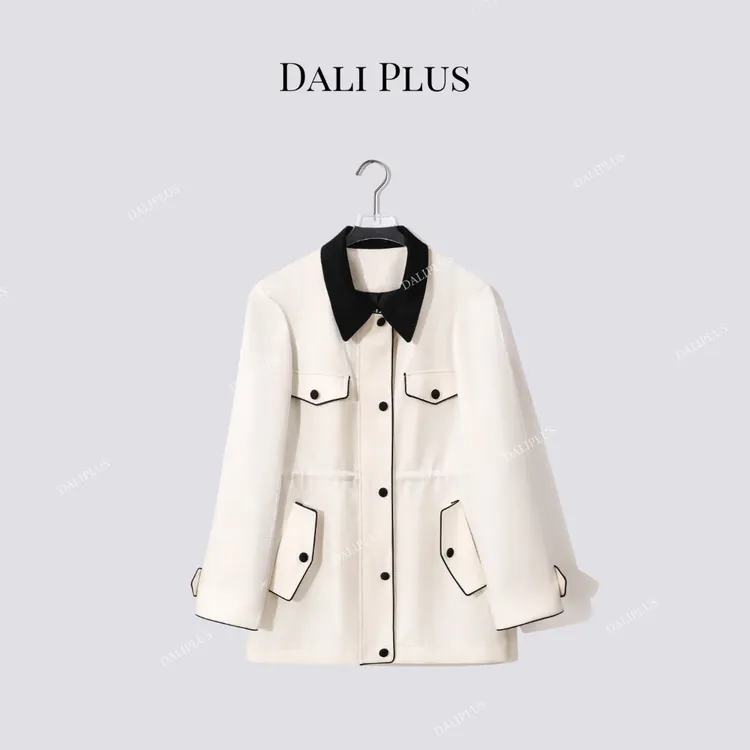 DALI PLUS“白鎏光风衣”锻纱收腰撞色翻领中长款外套-D5LT2314