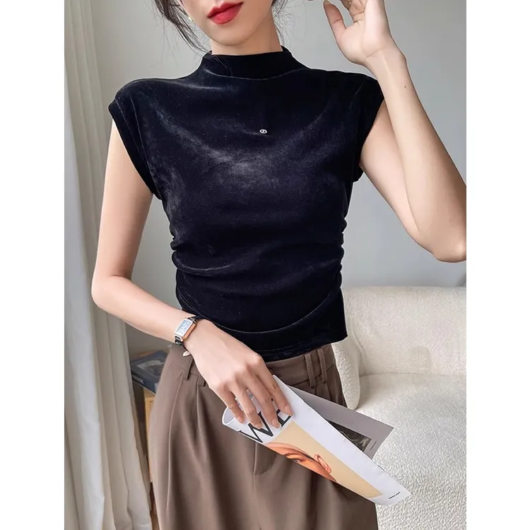 黑色半高领打底衫女2025新款夏季丝绒短袖t恤修身内搭小个子上衣