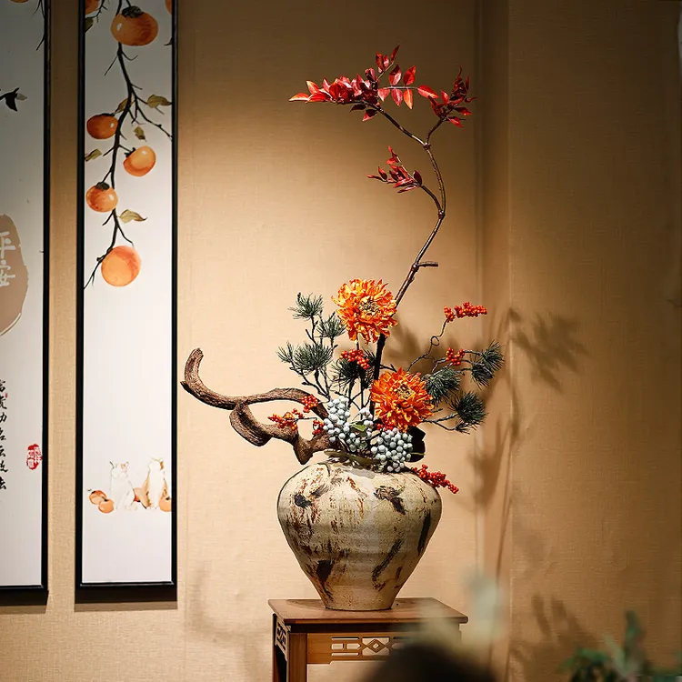新中式手绘插陶瓷花瓶摆件禅意侘寂风家居客厅玄关桌酒店民宿装饰