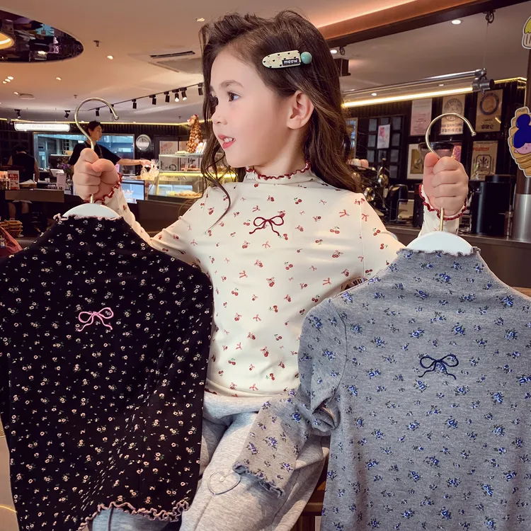 女童打底衫秋装2025新款洋气儿童上衣印花蝴蝶结小女孩百搭长袖T