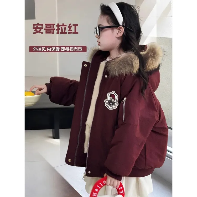 女童棉服2025冬季新款儿童加绒外套中大童加厚毛领派克服洋气棉衣