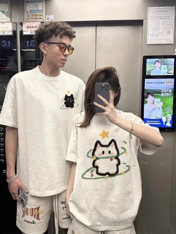 纯棉美式短袖t恤男女夏季潮牌ins港风圆领宽松上衣服印花体恤情侣