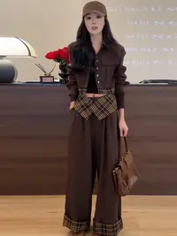 复古时尚格纹拼接短款西装外套女秋季直筒微喇西装裤套装女一整套