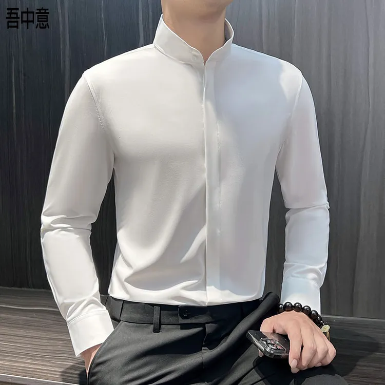 新中式立领衬衫男款爆款2025新款春秋商务时尚百搭弹力男士衬衣