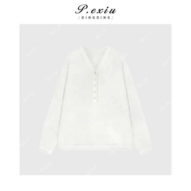 PanYiXiu/潘依绣【奶油特调】100%绵羊毛V领半扣软糯针织毛衣ZZ1036