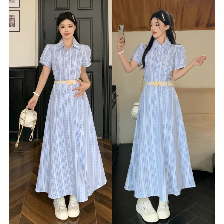 大码学院风甜酷提花条纹衬衫连衣裙高腰显瘦遮肉A字裙+腰带