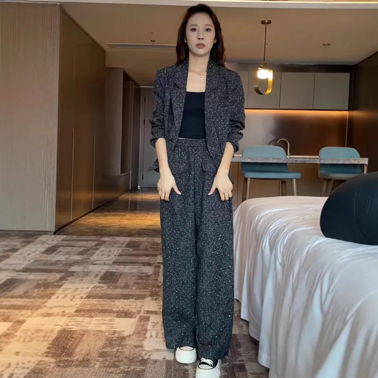 时尚女神范套装女春秋2024新款洋气细闪西装外套配阔腿裤两件套潮