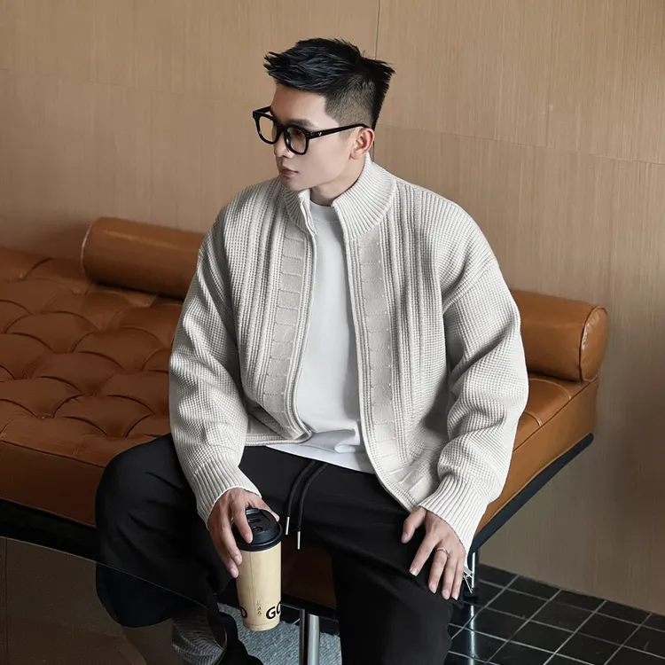 二十二号穿搭【900g重磅肌理感】三平骨条保暖开衫毛衣男针织衫外套