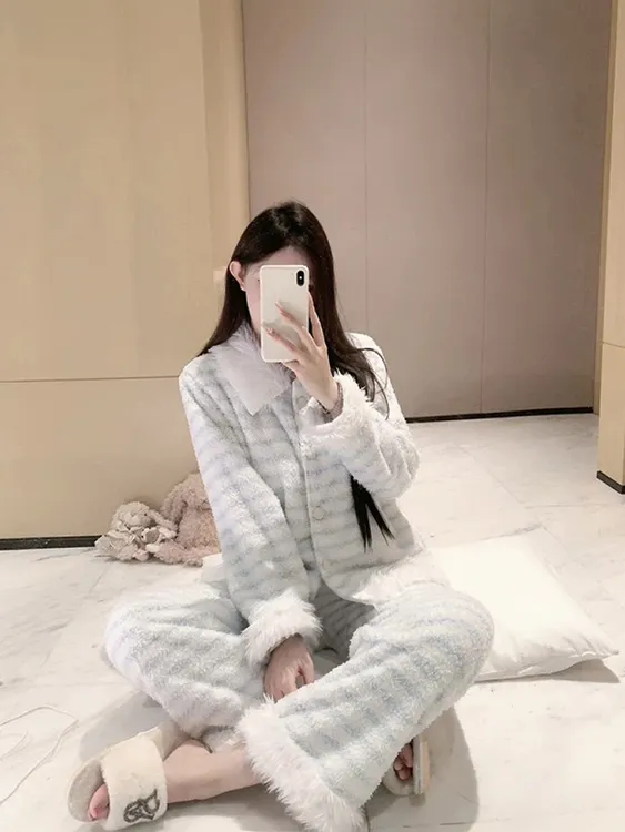 【韩女冬日】韩系甜美条纹秋冬珊瑚绒睡衣女舒适保暖加厚家居服套装