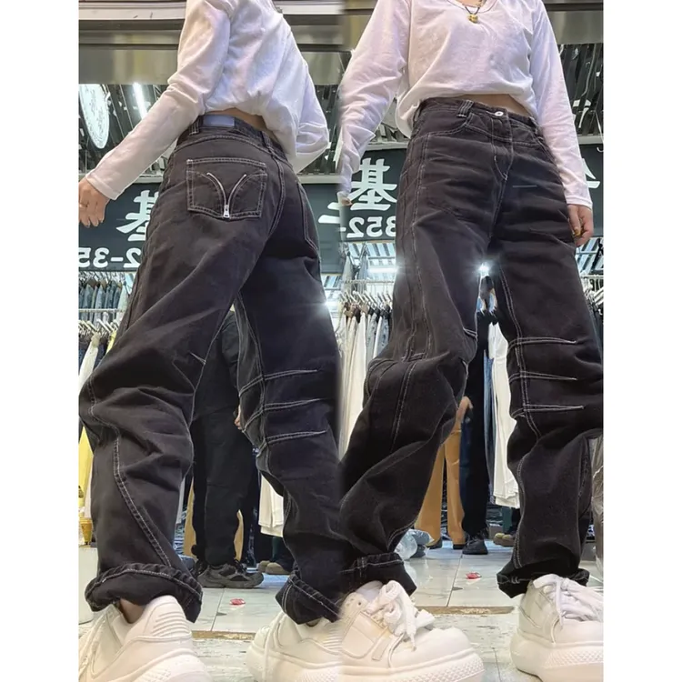 艾塔莉黑灰色窄版弯刀裤时尚设计感牛仔裤女梨形身材显瘦百搭长裤