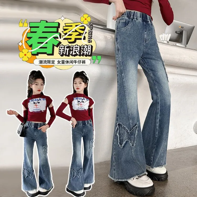 2025新款牛仔女童牛仔喇叭裤裤儿童洋气中大童修身裤子蝴蝶喇叭裤