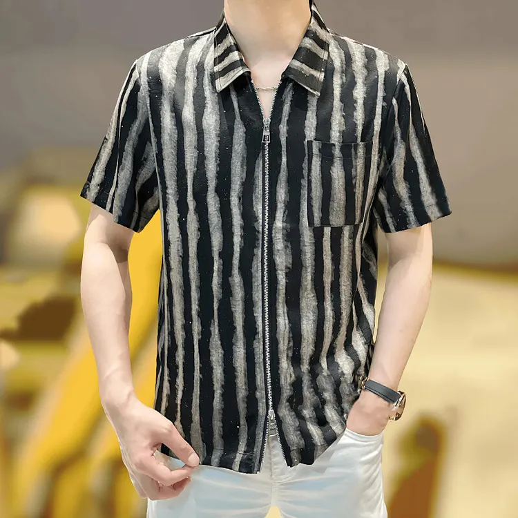 短袖条纹夏季衬衫潮流衬衣男装温婉风简欧时尚潮牌男士拉链开衫