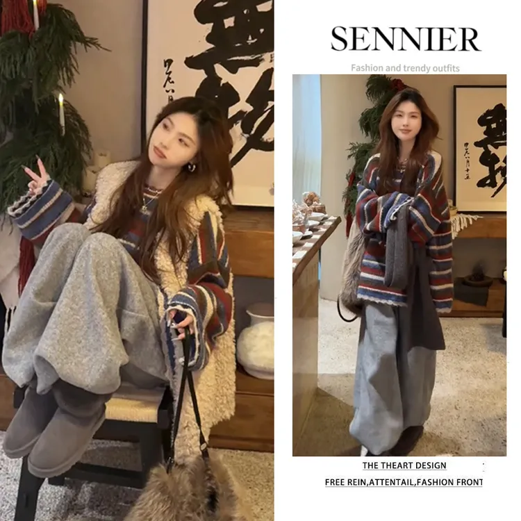 秋冬穿搭一整套2025新款洋气百搭马甲慵懒条纹针织衫休闲裤三件套