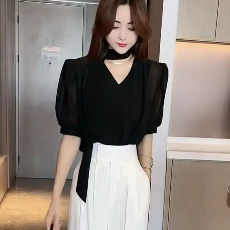 【芳芳女装】夏季新款百搭V领飘带泡泡袖雪纺衬衫宽松显瘦减龄上衣