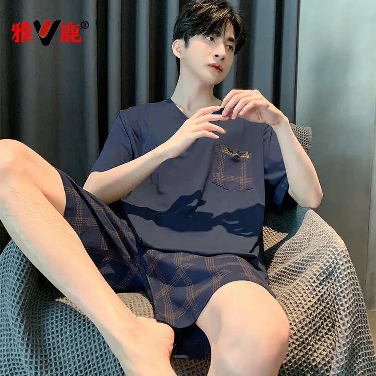 雅鹿高档夏季莫代尔男士睡衣短袖夏天男薄款宽松家居服套装可外穿
