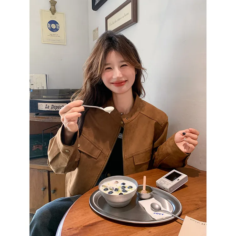 棕色麂皮绒皮衣外套女春秋2025新款美拉德短款小个子炸街机车夹克