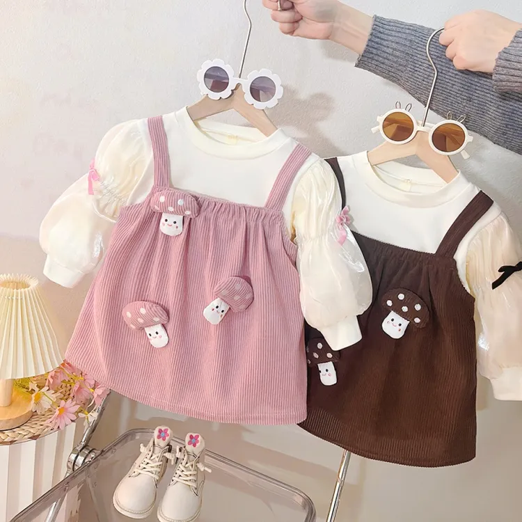 女宝宝春季连衣裙婴儿可爱假两件女童公主裙小女孩背带裙秋装裙子