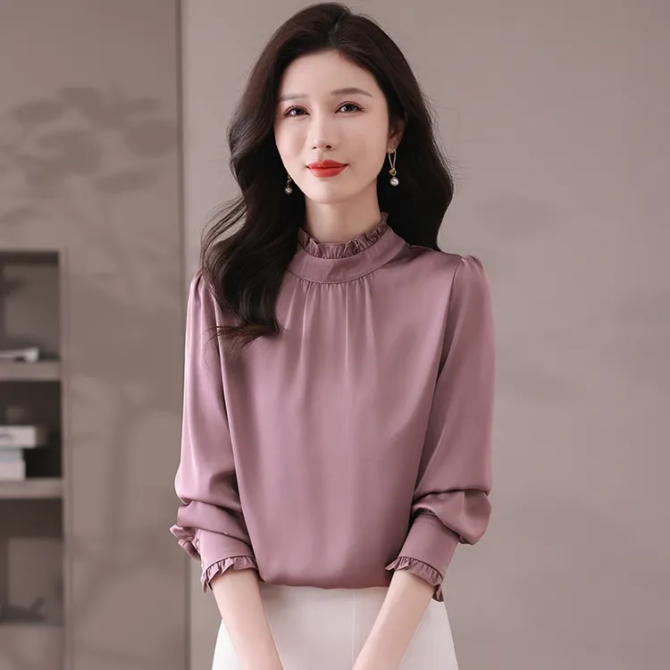杭州春季薄款长袖真丝木耳边领长袖衬衫设计感衬衣时尚打底百搭