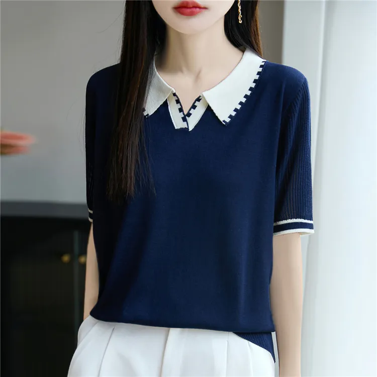 哥弟阿玛施正品夏季新款翻领拼色设计感宽松休闲针织衫女T恤上衣