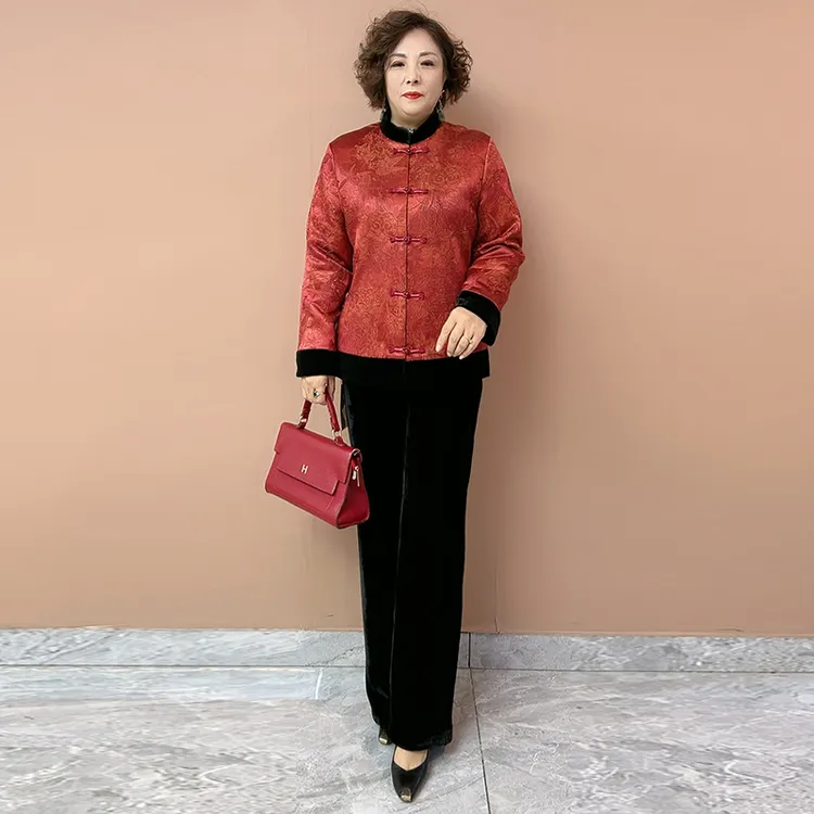 H秋冬新款妈妈装丝绒复古棉服中老年加厚保暖唐装棉衣大码外套