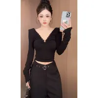曼曼【中环辣妹】美式v领钉珠露背长袖T恤女