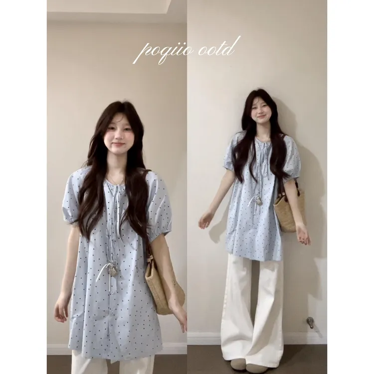 风蓝色波点短袖衬衫女春夏新款宽松显瘦中长款泡泡袖上衣裤子套装
