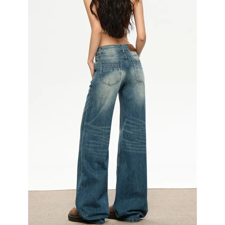 美式复古水洗低腰牛仔裤女秋季2025新款宽松直筒阔腿拖地梧桐裤子
