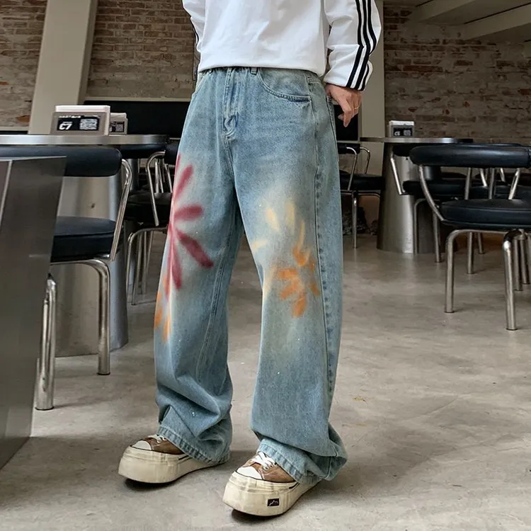 潮流复古印花渲染烟花牛仔裤男款裤腰可调节小众设计感宽松阔腿裤