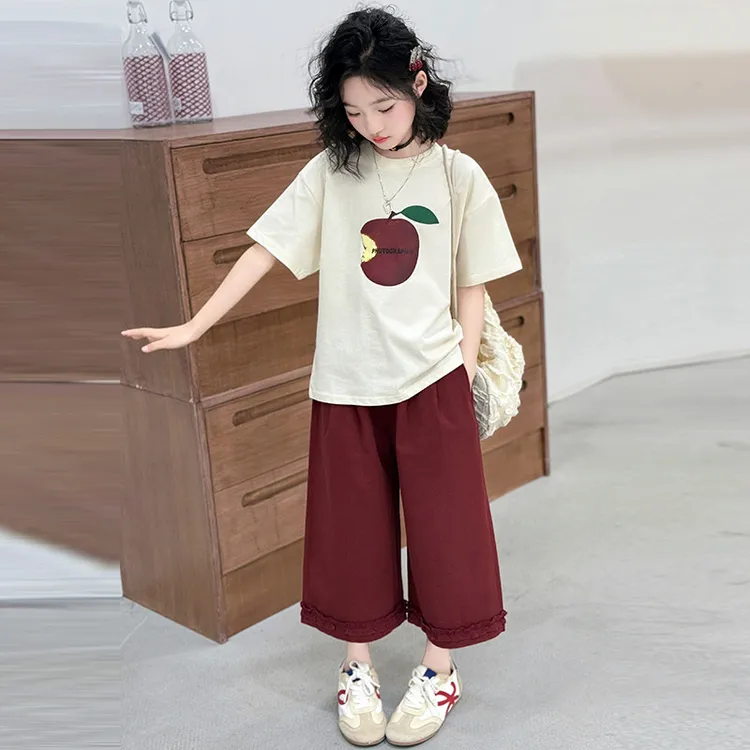 女童夏装套装2025新款6-12岁中大童洋气短袖T恤七分阔腿裤两件套t