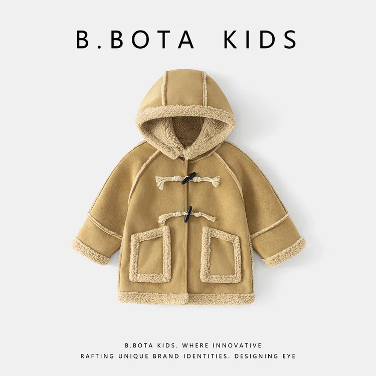 2025冬款儿童带帽拼接牛角扣中长款棉袄外套-sy3516