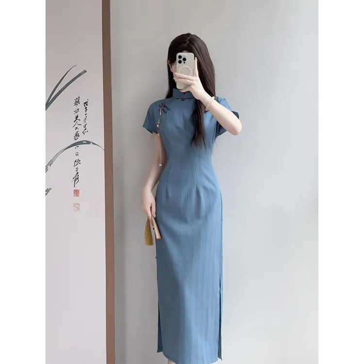 蓝色旗袍女夏季2025新款年轻款少女民国风日常新中式绝美显瘦气质