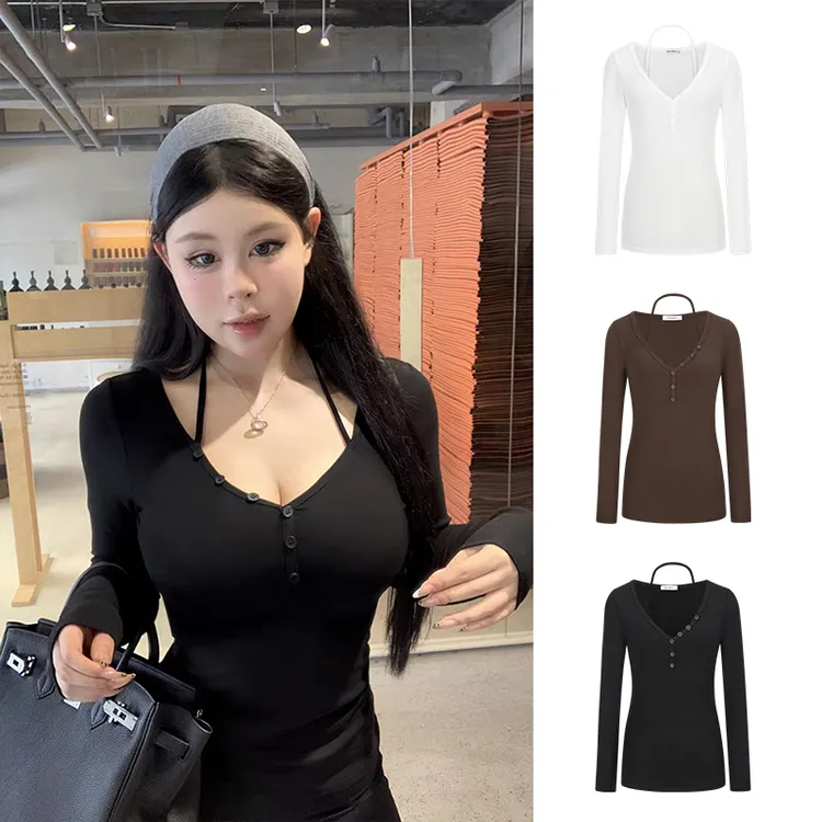 MosesQueen/魔西女王长袖T恤2025秋季新款胖mm显瘦性感挂脖肩带