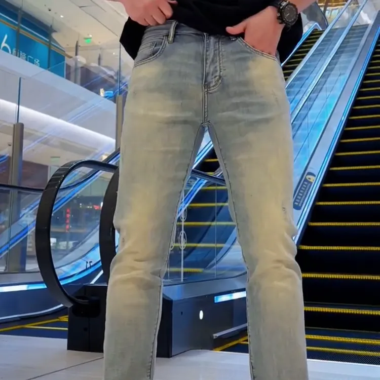 春夏薄款轻奢男小脚裤蓝灰色百搭男士显瘦修身轻弹水洗牛仔裤