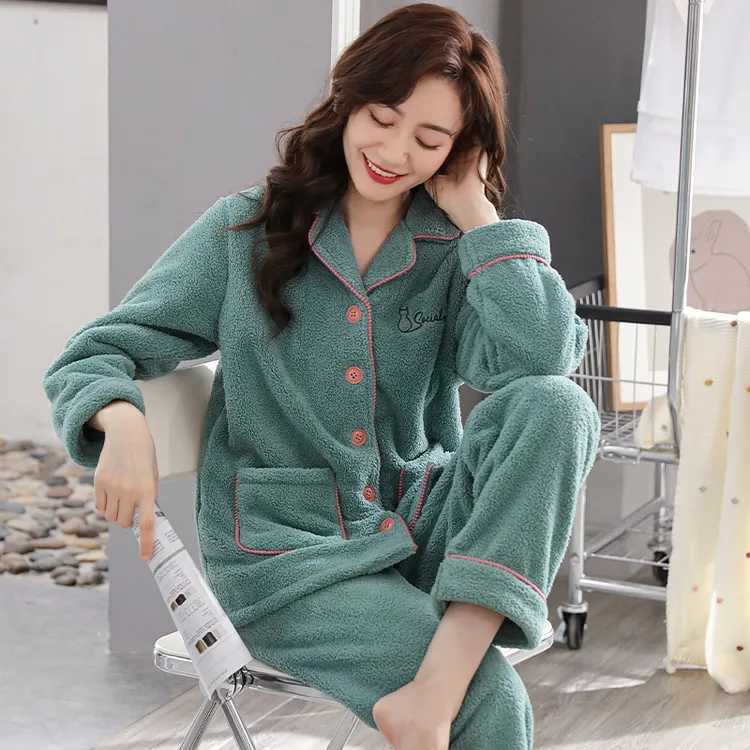 浪莎法兰绒加厚可外穿家居服套装高档睡衣女冬季珊瑚绒保暖休闲