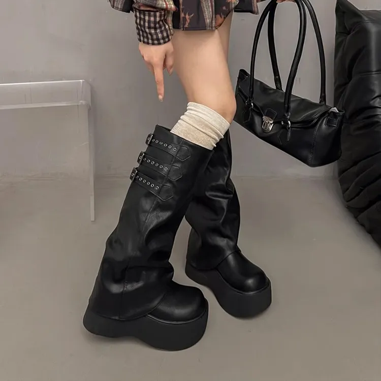 堆堆裤管靴女2025超火厚底增高黑色长筒靴女修饰腿型大筒围长靴子
