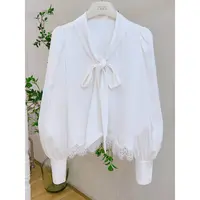 丨早秋新款白色法式气质蝴蝶结系带长袖衬衫  2004