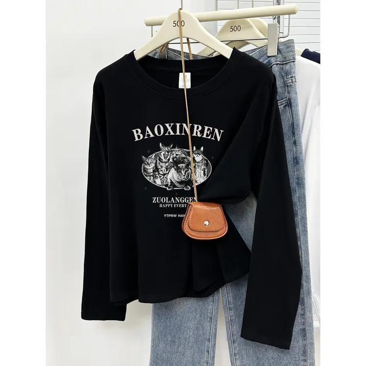 圆领长袖正肩T恤女2025秋季新款猫咪印花胖mm大码百搭遮肉上衣潮