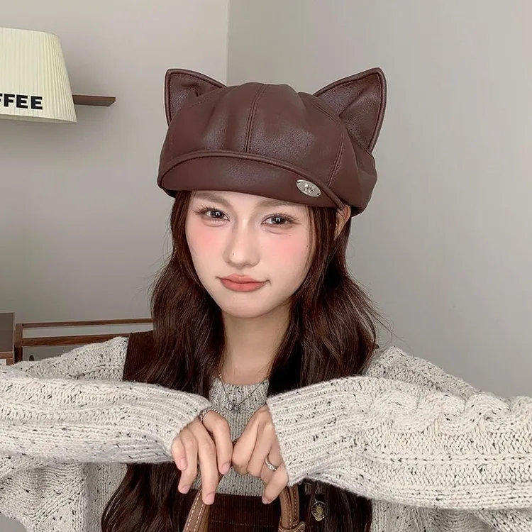 2025猫耳朵皮质贝雷帽女韩系甜美百搭鸭舌八角帽时尚画家报童帽