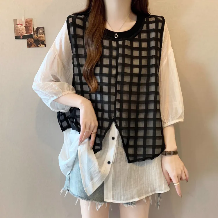 大码遮肚子拼接格子雪纺衬衣女夏季新款胖妹妹宽松显瘦慵懒风上衣
