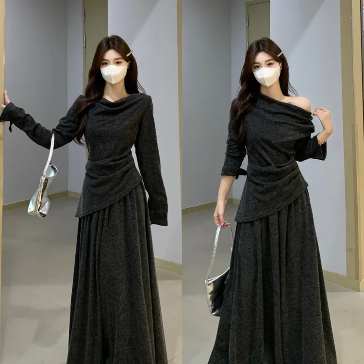 2025大码秋季纯色百搭时尚荡领不规则长袖上衣+半身裙两件套装女