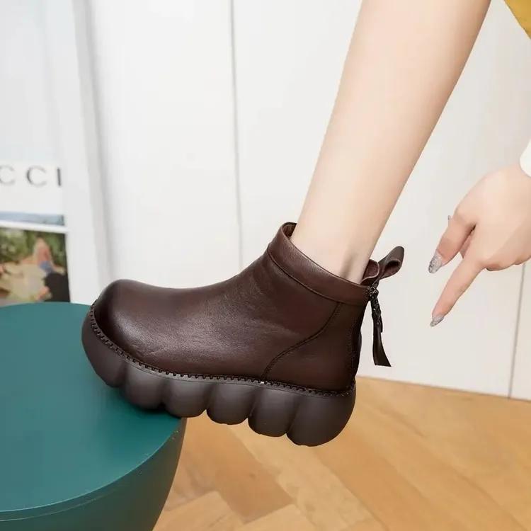 2655-5冬季复古圆头牛皮松糕厚底加绒舒适百搭休闲马丁靴真皮